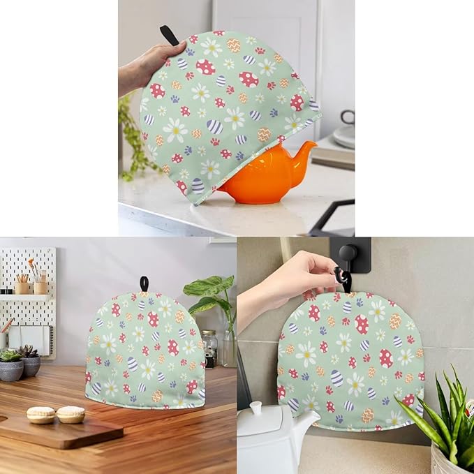 Tea Cozy for Teapots with Handle, Easter Eggs Paw & Daisy Print Dust Insulated Cover, Hanging Fold-Up Design, Suitable for Kitchen and Living Room Table Decoration