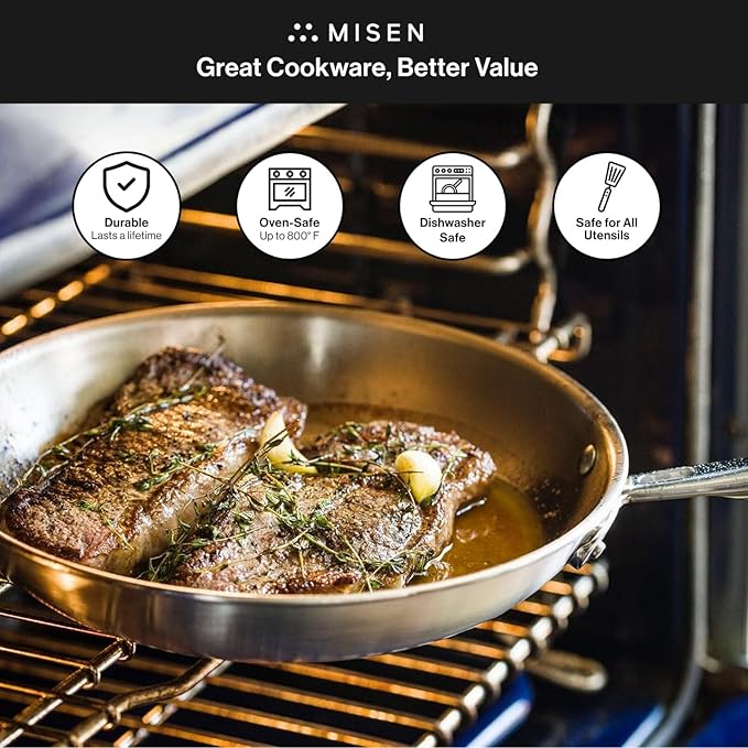 Misen 5-Ply Stainless Steel Cookware Set - Versatile, Dishwasher Safe - 12-Piece Set - 10" Skillet, 12" Skillet, 3 QT Saute Pan & 6 QT Rondeau + Lids, 2 QT & 3 QT Saucier + Lids, 8 QT Stockpot + Lid