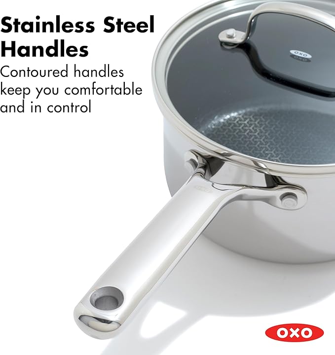 OXO Hybrid 2.5QT Nonstick Saucepan with Glass Lid, PFAS-Free Ceramic Chef Pot, Oven Safe to 850F, Induction & All Cooktop Compatible, Dishwasher Safe, Mirror Polished Tri-Ply