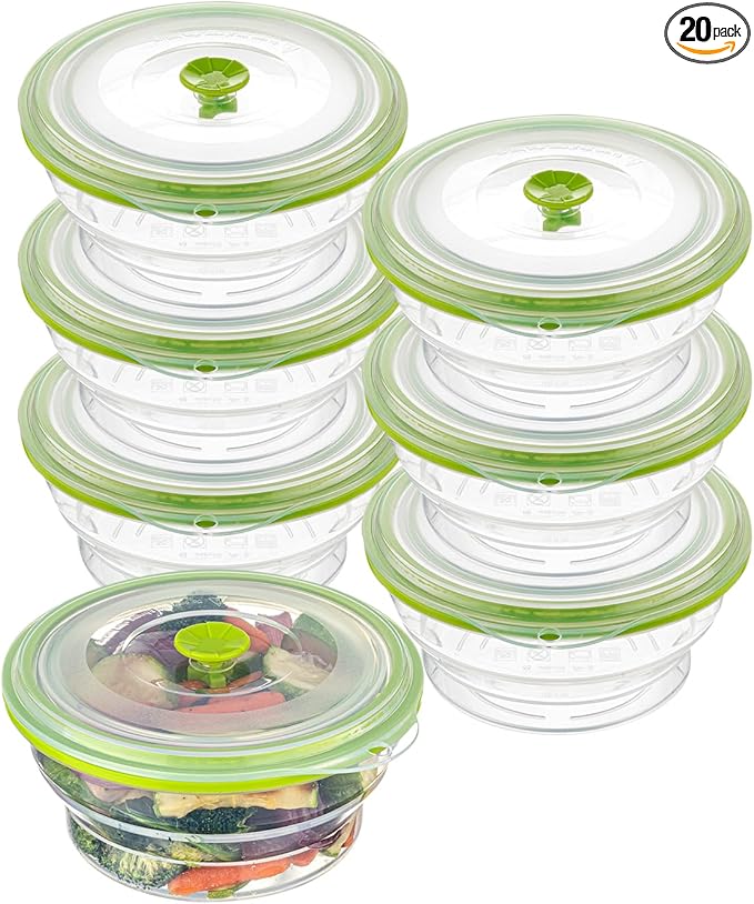Restaurantware-Fresh Hero 30.6 Ounce Storage Containers, 20 Durable Airtight Food Containers - Microwavable, Freezable, Green Silicone Collapsible Container, Dishwashable, With Vented Lids