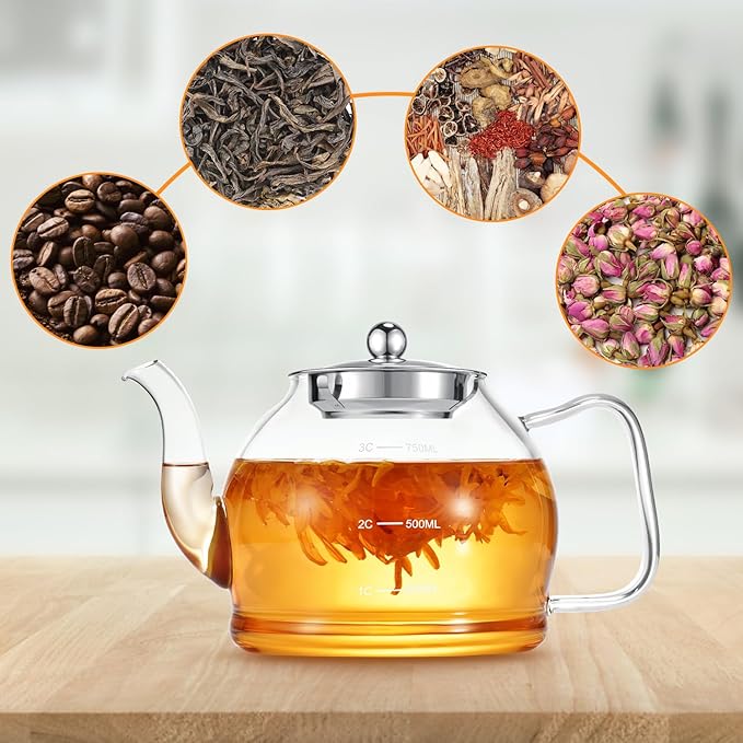 STNTUS Glass Teapot With Infuser, 27 oz / 800 ml for Loose Tea, Stainless Steel Strainer Teapots, Stovetop Safe