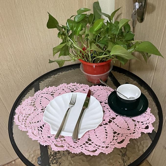 BIBITIME Lace Tablecloth Doily Handmade Crochet Placemat Women Vase Mat Kitchen Table Runner (4PCS- 12 x 22 in, Pink)