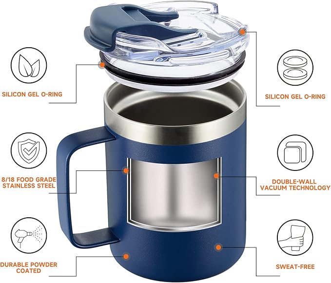 ALOUFEA 12oz Stainless Steel Insulated Coffee Mug with Handle, Double Wall Vacuum Tumbler Cup with Fliping Lid, Navy, 4 Pack