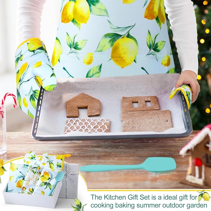 Hoolerry 6 Pcs Kitchen Apron Dish Towels Oven Mitts and Pot Holders with Spatula for Women Wife Grandma Cooking Baking Gifts