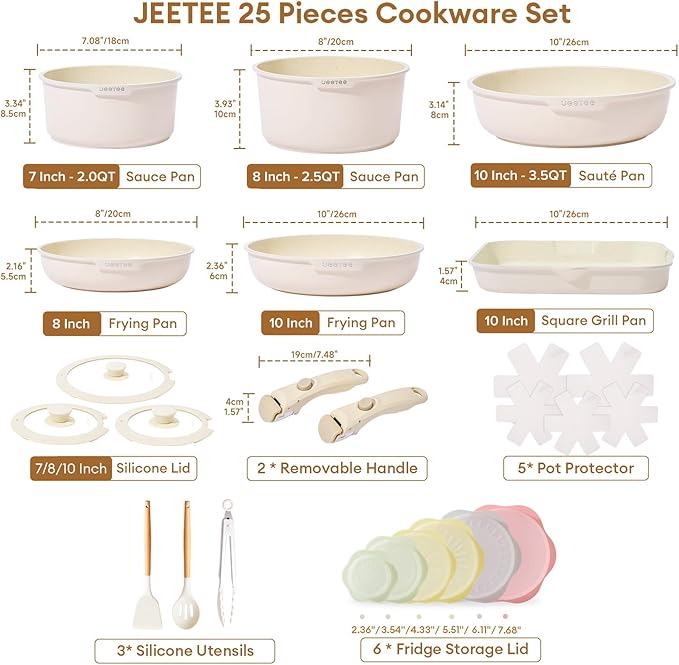 JEETEE 25pcs Pots and Pan Set Non Stick, Detachable Handle Cookware Set, Induction Cooking & RV Camping Stackable Pots Pans, Healthy Kitchen Cookware Set PFAS/PFOA Free Beige