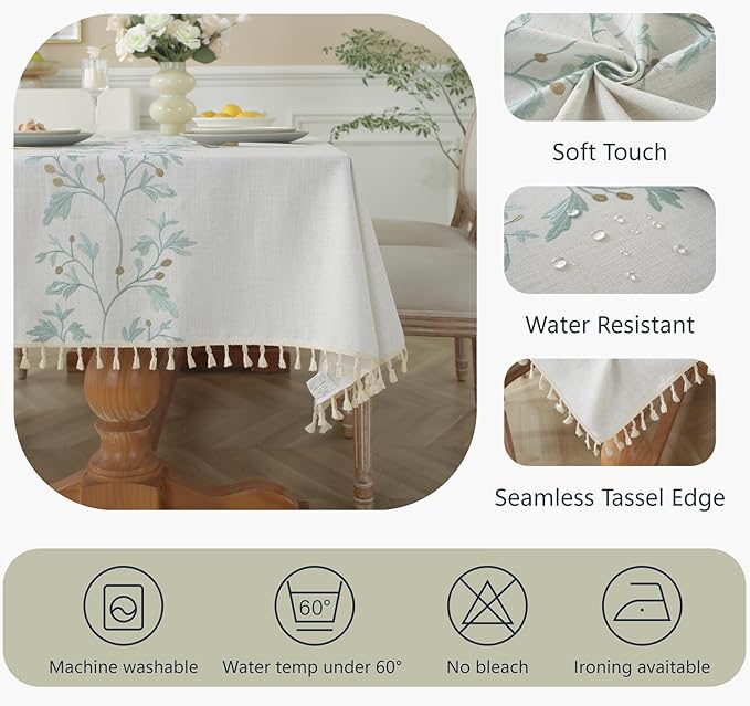 Alsoo Table Cloth Rectangle Table, Cotton Linen Tablecloth Waterproof, Boho Rustic Tables Cover with Tassel for Christmas Party Kitchen Dining Holiday Decorations (Embroidered, 55''x106'')