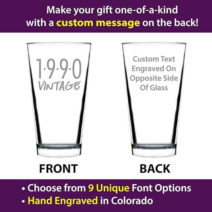 Custom Vintage 1990 Pint Glass for Beer - Personalized Birthday Gifts for Men or Women - Fun Bday Party Decor - 16 oz