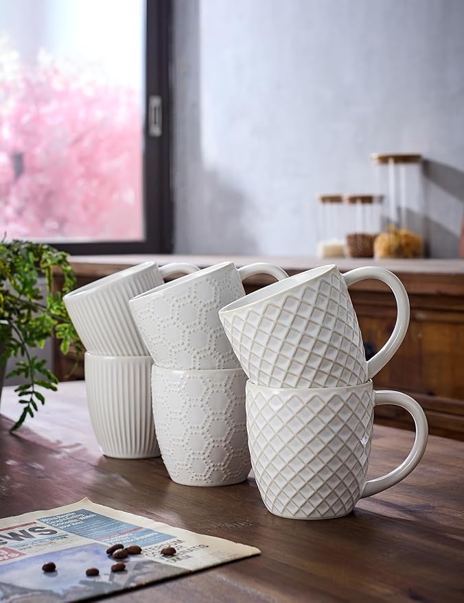 14oz Embossed Ceramic Coffee Mugs - Set of 6, Lead-Free Microwave & Dishwasher Safe Coffee Cups for Wedding Housewarming Coffee Lovers