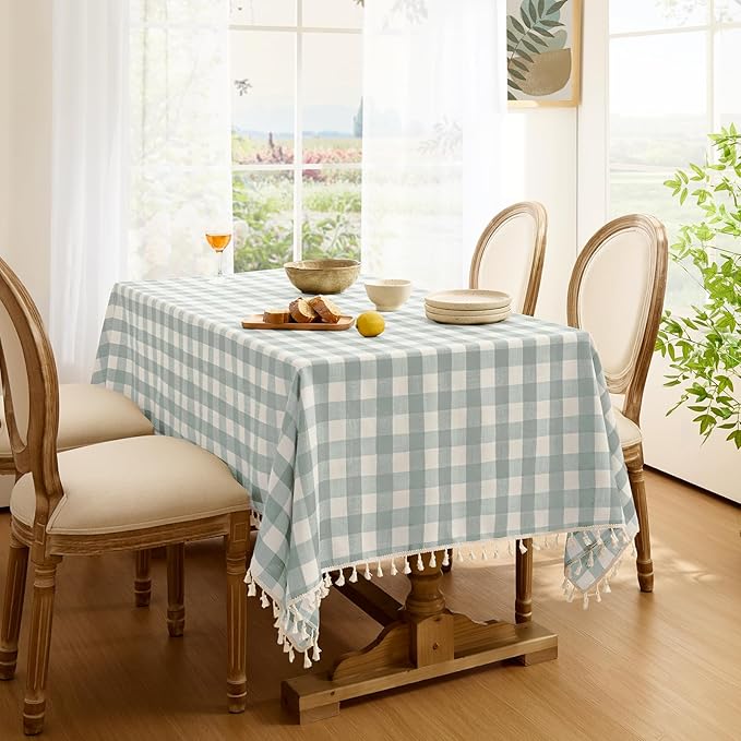 Softalker Checkered Tablecloth Rectangle, Outdoor Linen Cotton Gingham Table Cloth with Tassel, Heavy Duty Wrinkle Free Buffalo Plaid Table Cover for Kitchen Dining Home Party - 55 x 102 Inch, Aqua