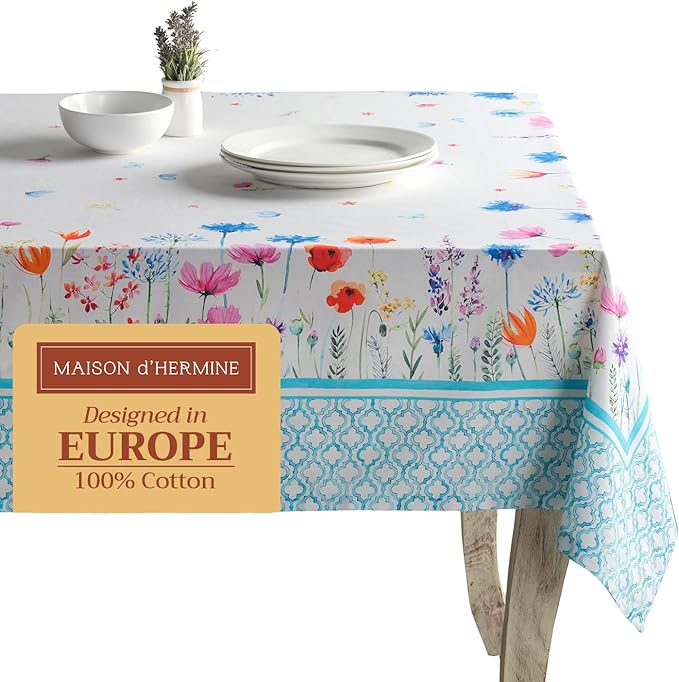 Maison d' Hermine Table Cloth Rectangle Table 100% Cotton 60 x 90 Inches Tablecloth Reusable Decorative for Dining Room Farmhouse Home Valentines Day Decorations Spring Summer - Flower in The Field
