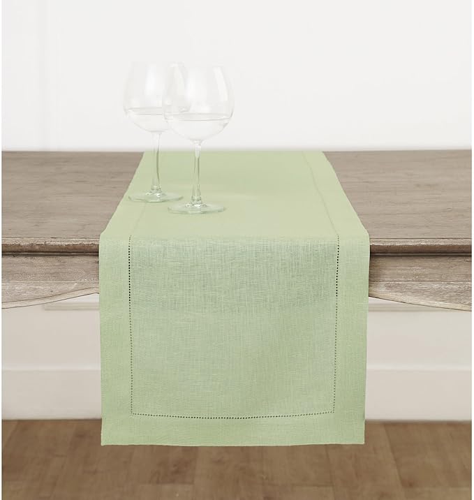 Solino Home Linen Sage Green Table Runner 120 Inches Long - 100% Pure Linen Hemstitch 14 x 120 Inch Table Runner for Dining, Spring, St Patricks Day, Easter - Classic Hemstitch