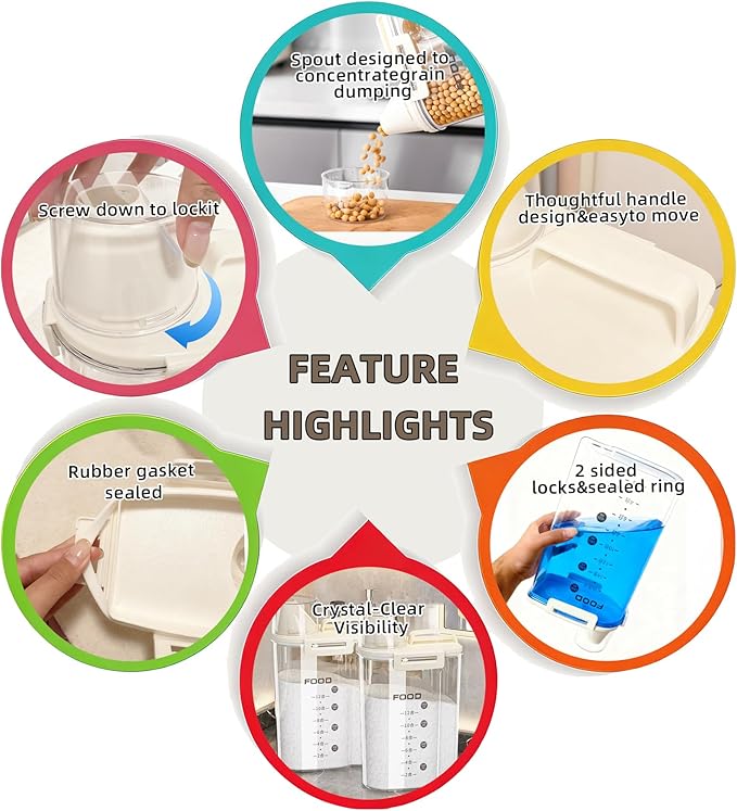 6-Pc Airtight Cereal Storage Containers Set(1.8L×3 & 2.5L×3), Cereal Containers Storage with Pour Spout & Measuring Cup, BPA-Free Plastic Canisters for Rice, Flour, Pet Food Kitchen Pantry