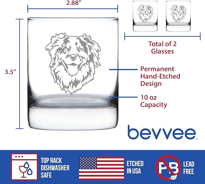 Australian Shepherd Face Whiskey Rocks Glass - Unique Dog Themed Decor and Gifts for Moms & Dads of Aussies - Set of 2-10.25 Oz