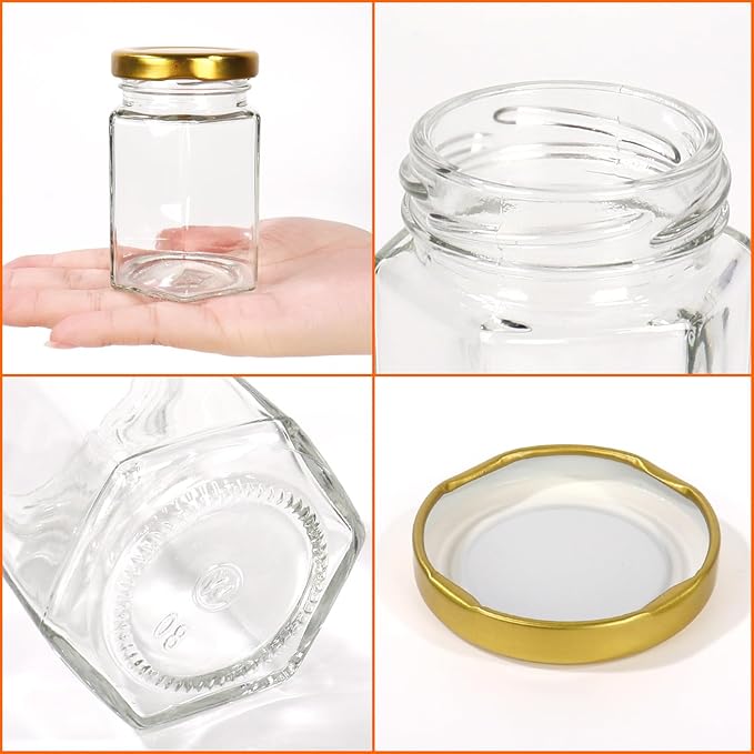 BIGIVACA 4 oz Hexagon Mini Glass Honey Jars with Wood Dippers,30 Pack Small Honey Jars with Gold Lids,Bee Pendants,Jutes,35 Bee Stickers,Perfect for Baby Shower,Wedding Favors,Party Favors