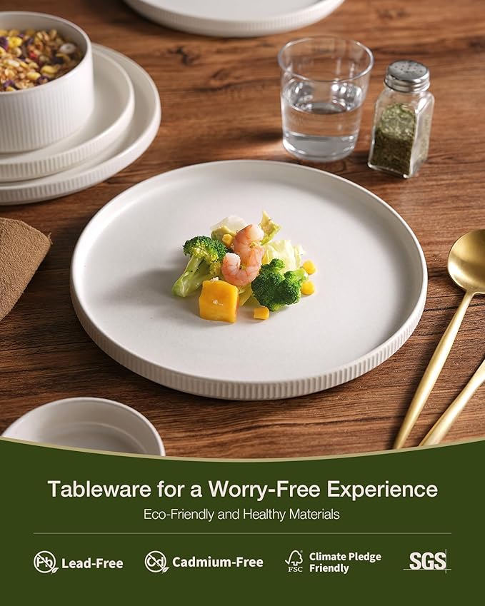 Famiware Star Dinnerware Sets, Plates and Bowls Set for 4, 12 Pieces Ribbed Dishes - Chip and Scratch Resistant, Microwave and Dishwasher Safe Tableware, Matte White