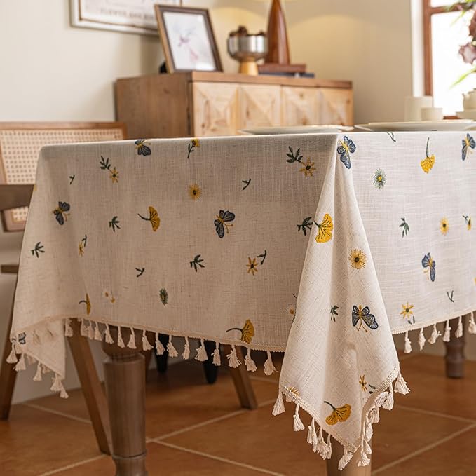 Polyester Linen Tablecloth with Tassels, Square Dining Table Sunflower Butterfly Flower Ginkgo Biloba Embroidered Tablecloth, Multiple Styles Boho Country Rustic Farmhouse Tablecloth 55x55 inches