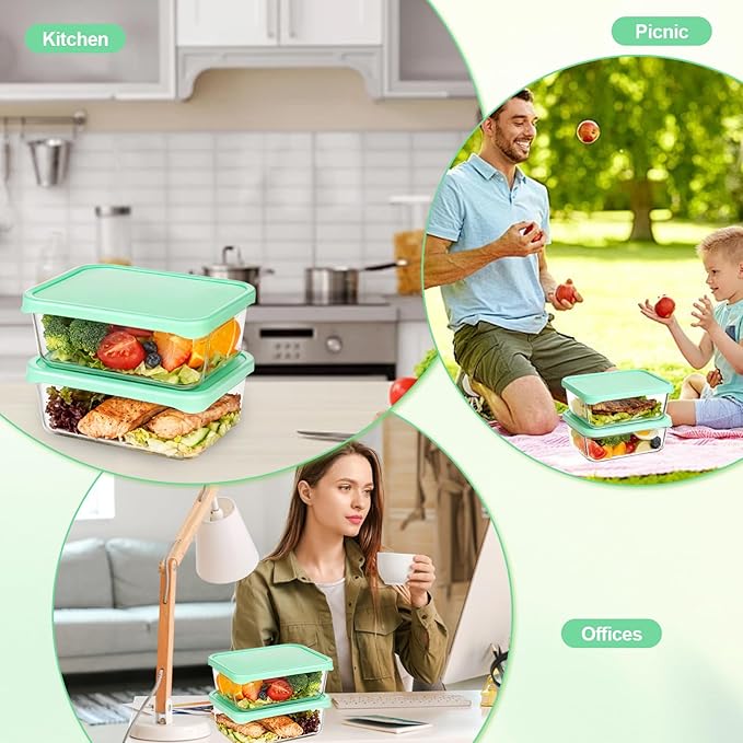 Quodac Food Storage Containers 8-Pack (4.7 Cup), Reusable Lunch Boxes With Leakproof Green Silicone Lids, Microwave, Dishwasher & Freezer Safe Snack Containers, Bpa-Free Plastic Containers