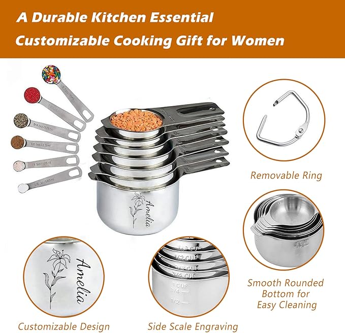Personalized Stainless Steel Measuring Cups & Spoons Set, Custom Kitchen Tools with Wildflower & Name, Mothers's Day Gifts For Mom, for Cooking & Baking