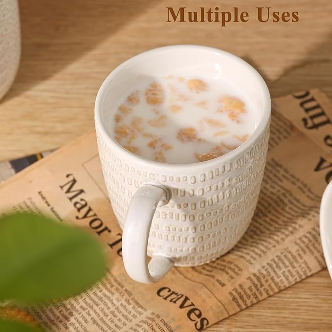 Embossment Coffee Mugs Set of 4, 12 oz Ceramic Coffee Cups Set, White Tea Cups with Large Handle for Latte, Cappuccino, Mocha, Cocoa, Microwave & Dishwasher Safe