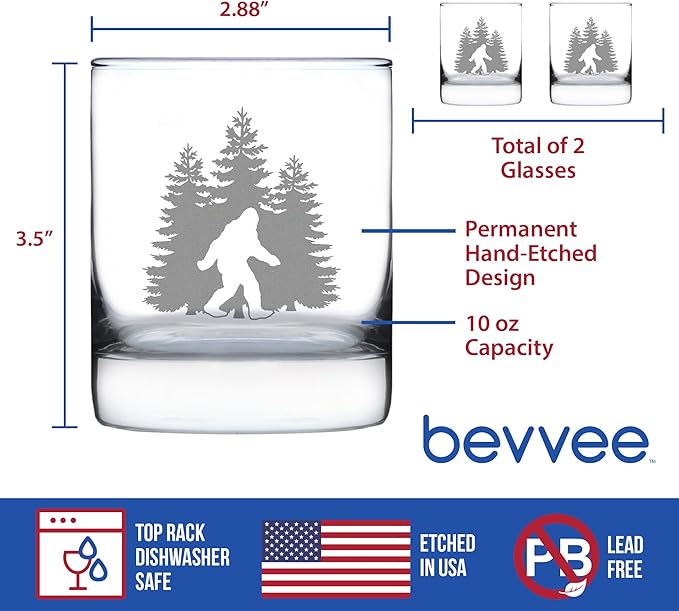 Bevvee Bigfoot Whiskey Rocks Glass - Funny Bigfoot Gifts for Sasquatch Enthusiasts - Set of 2-10.25 Oz Rocks Glasses