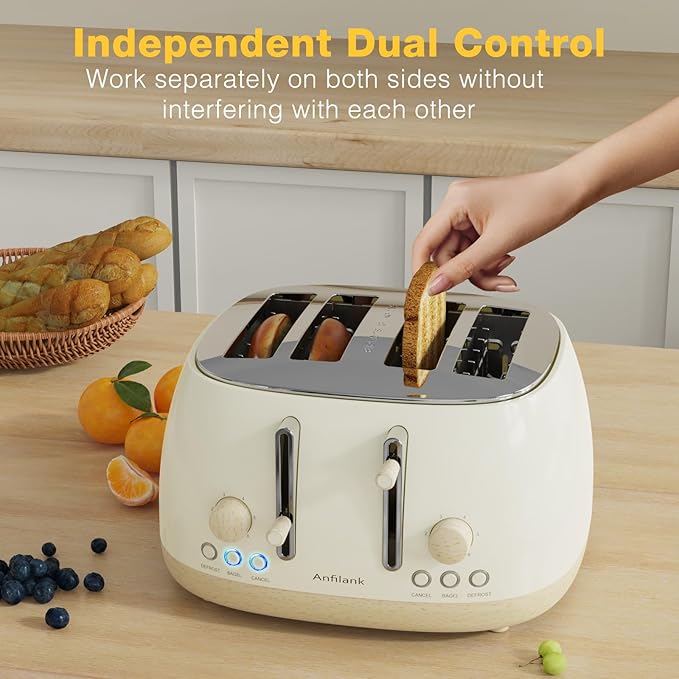 Toaster 4 Slice,Retro Stainless Steel Toaster with Extra Wide Slots Cancel, Bagel, Defrost Function, Dual Independent Control Panel, Removable Crumb Tray and High Lift Lever (Beige)