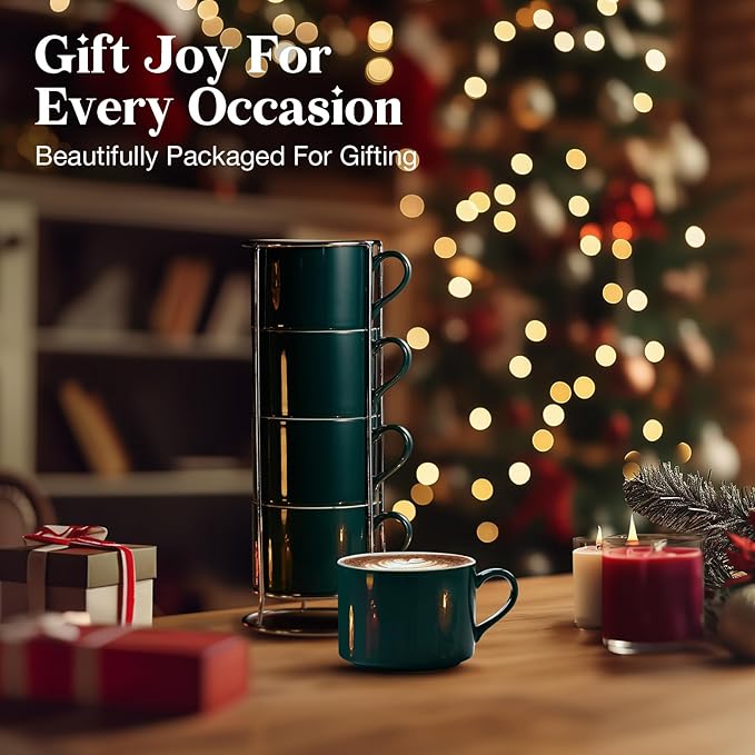 10 Ounce Green Porcelain Stackable Cappuccino Cups with Stainless Steel Holder, Set of 4, Durable Ceramic, Perfect for Home, Office or Gift