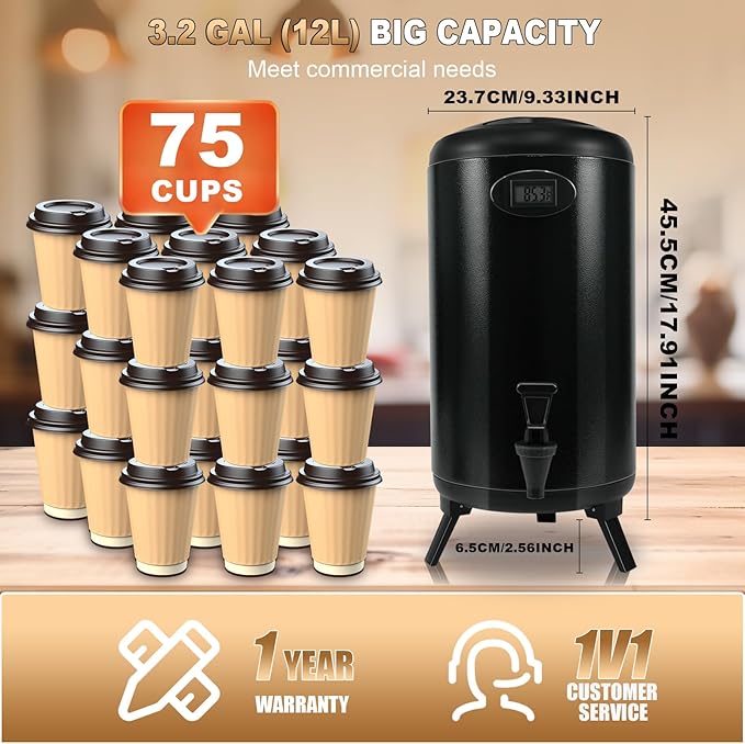 Insulated Beverage Dispenser 3 Gallon, Hot Drink Dispenser with 304 Stainless Steel Interior, Hot Water Dispenser for Parties, Hot Water Urn with Stand for Coffee Chocolate Tea, Black, NEW