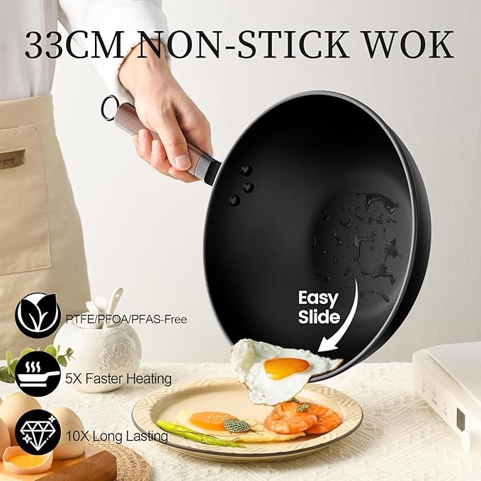 Carbon Steel Wok, 13-Inch, Pre-Seasoned, Non-Stick, with Lid and Spatula, Flat Bottom, Ideal for Stovetop Cooking