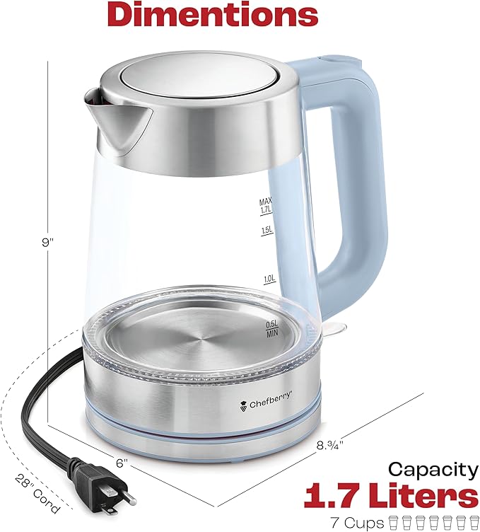 Electric Kettle for Boiling Hot Tea & Water | 1.7L Stainless Steel Borosilicate Glass Boiler With No Plastic, Automatic Shutoff, BPA Free, Fast Heating Technology (Blue)
