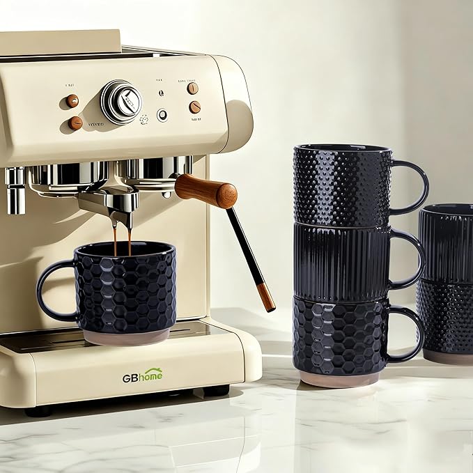 GBhome 15OZ Stackable Coffee Mugs, Ceramic Coffee Mugs with Texture Patterns for Man,Woman,Dad,Mom, Modern Coffee Cups Set of 4 for Latte/Cappuccino/Cocoa. Dishwasher&Microwave Safe，Black