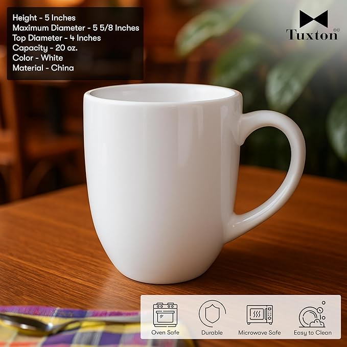 Tuxton China BPM-200A Milano Mug, 20 oz., 4" Diameter x 5"H, Microwave and Dishwasher Safe, Oven Proof, Fully Vitrified, DuraTux, Porcelain White, Case of 24