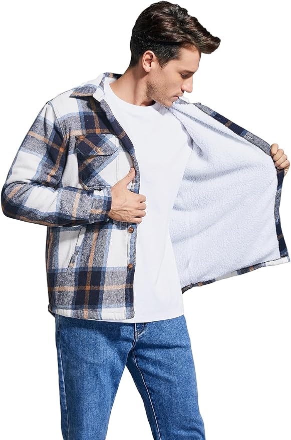 Men's Cotton Sherpa Lined Button Down Flannel Shirt Jacket Plaid Soft Outdoor Flannel Jacket Shirt