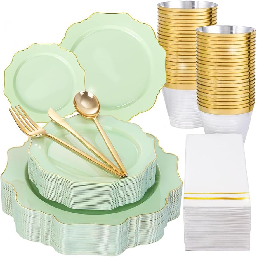 WDF 175Pcs Sage Green Plastic Plates With Gold Rim - Disposable Sage Green Plates 25guest Disposable Dinnerware Ideal for Party/Wedding/Spring Party/Easter