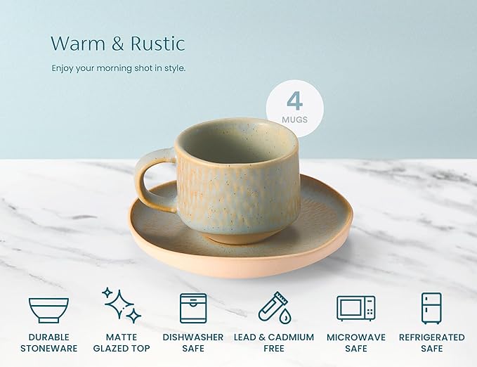 KooK Espresso Mug and Saucer Set, Ceramic Cups and Plates with Rustic Organic Shape and Feathered Texture, Dishwasher and Microwave Safe, 2.7 oz, Set of 4, Neutral Multicolor (2.7 Oz)