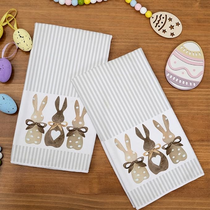 ARKENY Easter Kitchen Towels Set of 2,Beige Bunny Dish Towels 18x26 Inch Drying Dishcloth,Farmhouse Home Seasonal Spring Decorations AD220