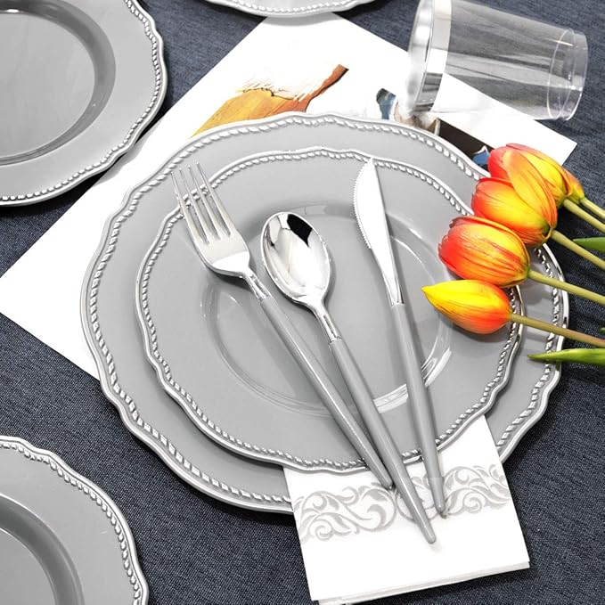 Hioasis 175pcs Grey Plastic Plates&Silver Disposable Silverware with Grey Handle&Clear Cups&Napkins Served for 25 Guests-Grey and Silver Dinnerware for Weddings&Parties,Holiday Events