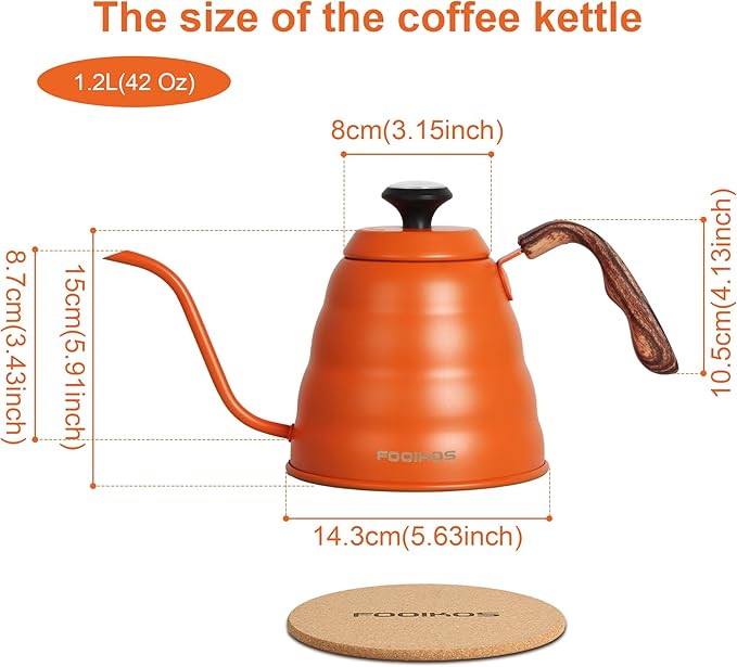 Gooseneck Kettle with Thermometer for Pour Over Coffee & Tea, 42 fl oz, Premium Stainless Steel, Accurate Temperature Control, Ideal Spout for Precision Pouring, Compatible with Stovetops