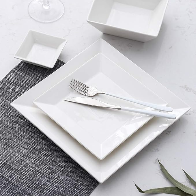 Porlien 24-Piece Classic Square Dinnerware Set for 6-Off White Plates