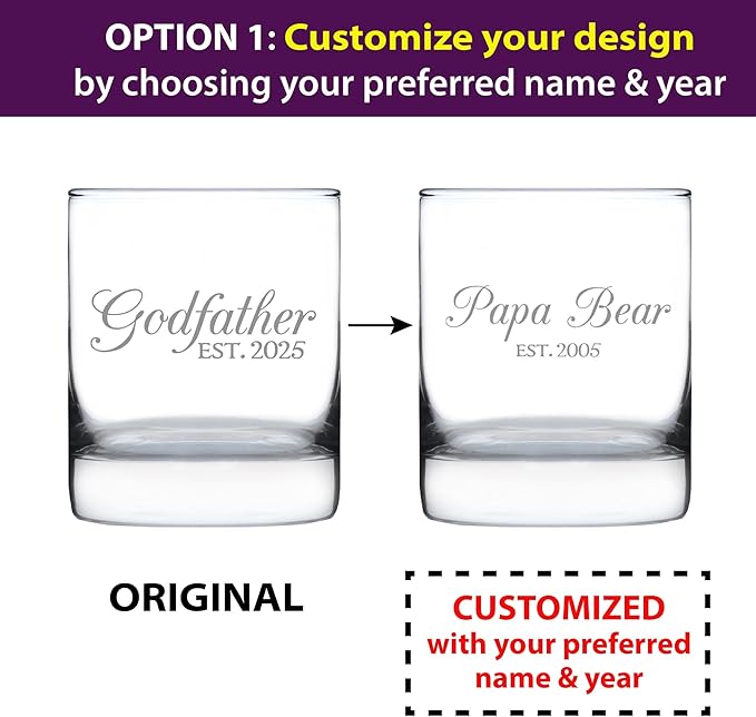 Custom Godfather Est 20XX - New Godfather Whiskey Rocks Glass Proposal Gift for First Time Godparents - Personalized Decorative 10.25 Oz Glasses