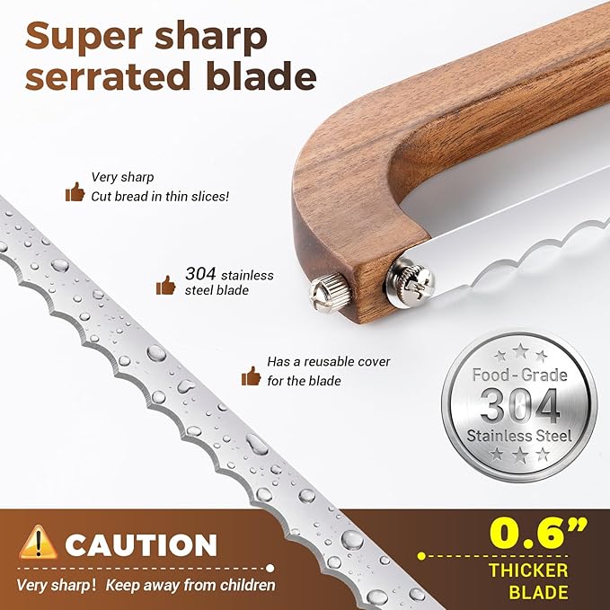 Sourdough bread knife,Bread Slicer for Homemade Bread,Adjustable blade tightness for Even Slicing, Serrated knife,Wooden Bread cutter with Bow Design (3, Natural Wood)