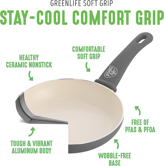 GreenLife 16 Piece Nonstick Cookware Set, Soft Grip Non-Toxic PFAS-Free Ceramic Pots & Pans, Dishwasher & Oven Safe, Frying, Sauce, Saute, Utensils, Glass Lids, Stay-Cool Handles, Wobble Free, Gray