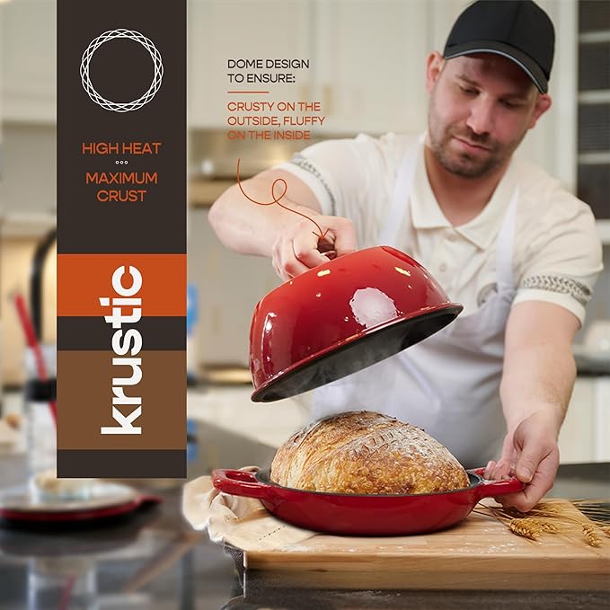 Enameled Cast Iron Dutch Oven for Sourdough Bread Baking | 6 Quart Pot with Lid | 10 Inch Ceramic Enamel Thick Coated Cookware Set with Non Stick Silicone Baking Mat for Cooking | 6 Qt | Red