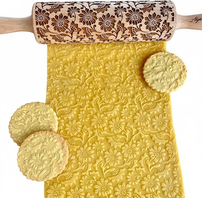MOSS ROSE Embossed Rolling Pin for Ceramic. Clay Roller and Ceramic Stamp for Embossing Pottery. Baking Gifts for Women by Algis Crafts for Embossed Cookies