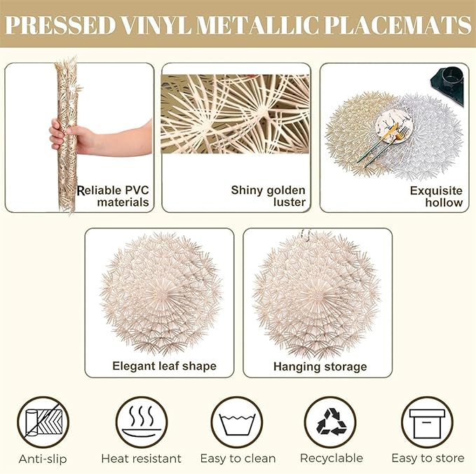 Placemats Elegant Tablemats Dandelion Flower Shape Placemats Place Mats for Kitchen Dining Table Holiday Wedding(Gold,4Pcs)