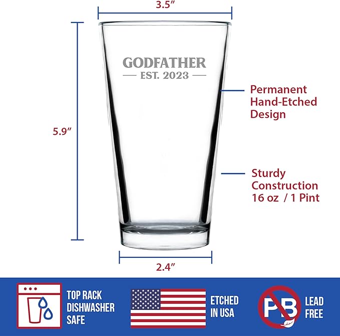 Bevvee Godfather Est 2023 - New Godfather Pint Glass Proposal Gift for First Time Godparents - Bold 16 Oz Glasses