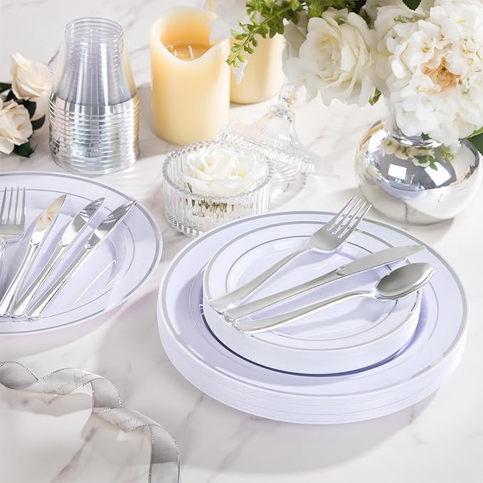 WELLIFE 600 PCS Silver Disposable Dinnerware Set for 100 Guests, Wedding Reception Plates & Silver Plastic Tableware, Dinner & Salad Plates, Cups, Forks, Knives & Spoons for Weddings & Elegant Events
