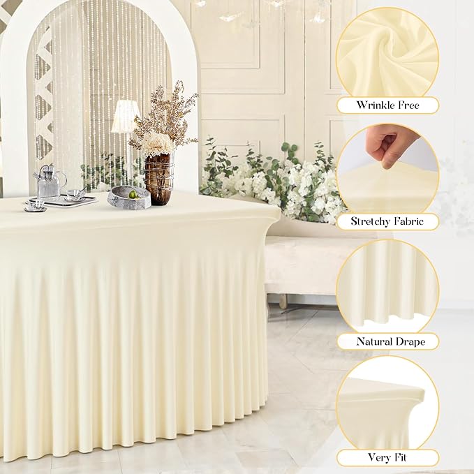 6FT Ivory Rectangular Tablecloth - Washable & Wrinkle-Free Stretch Fit with Table Skirt Design for 72 Inch Tables, Perfect for Wedding Parties Banquet – Ideal for Event Planner & Home Host