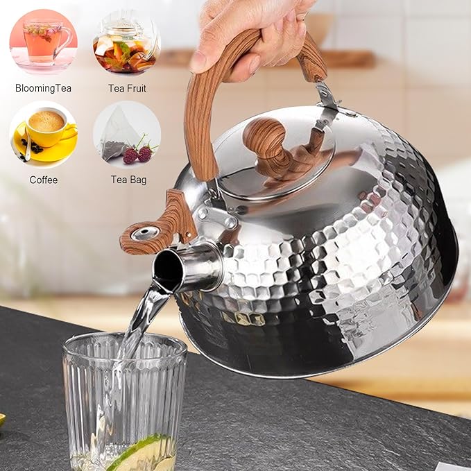 Tea Kettle, Food Grade Stainless Steel with Wood Pattern Folding Handle, Whistling Kettle for Induction, Gas, and Electric Stovetops (3 liters)