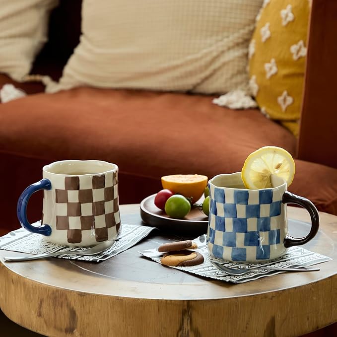 Retro Checkered Ceramic Coffee Mug 16Oz - Extra Large Handle, Microwave Safe Vintage Patterned Tea Cup for Home, Office Brown and White Checkered Pattern, Blue Handle