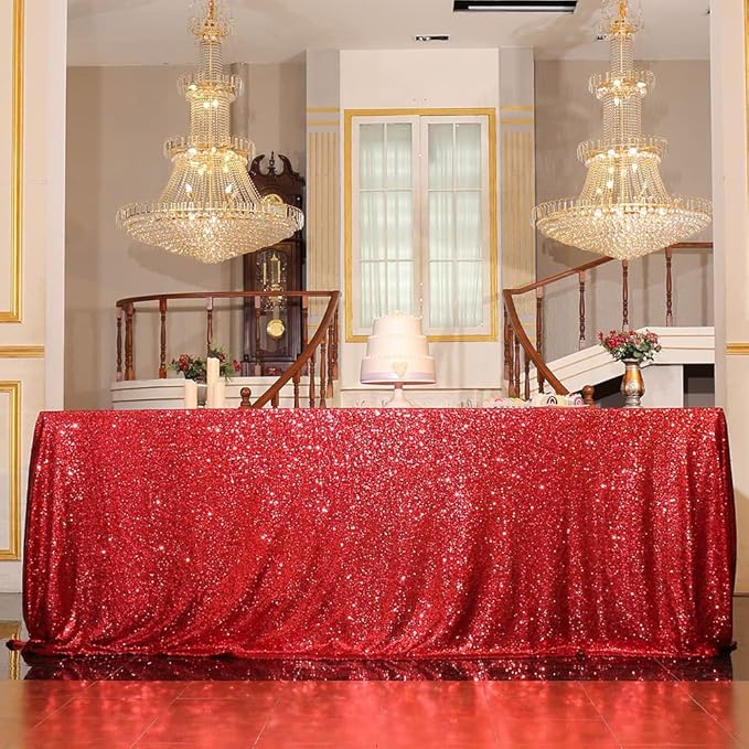 Eternal Beauty Red Tablecloth, 90x156 Inch Sequin Christmas Rectangle Table Cover for Valentines Cake Dessert Exhibition Party Birthday Events